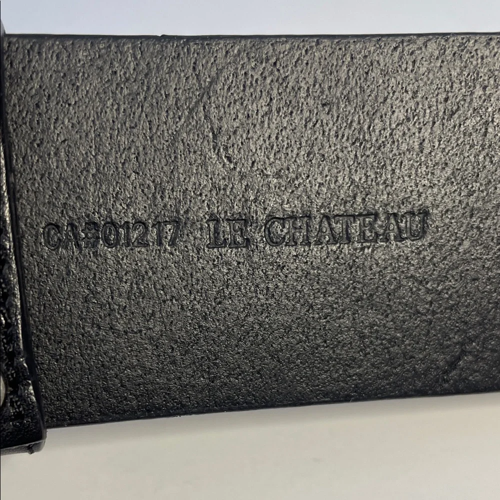 Vintage LE CHATEAU Y2K Black Leather Belt w Silver Eyelets & Crystal Front Clasp - Picture 2 of 10